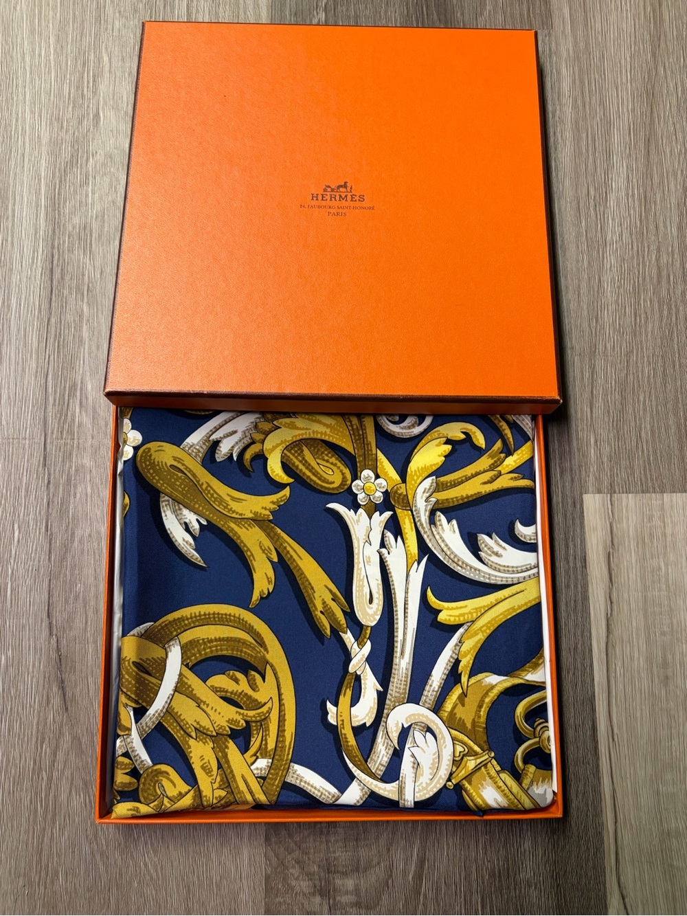 Hermes Navy Blue Gold White Silk Scarf